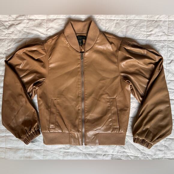 House of Harlow 1960 Tan Faux Leather Puff Sleeve Bomber Jacket - Small - Picture 1 of 9